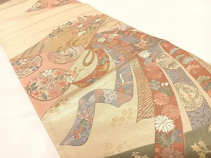 平和屋着物◎六通柄袋帯 切嵌花鳥文 金糸 正絹 逸品 AABD5637yx