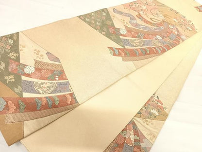平和屋着物◎六通柄袋帯 切嵌花鳥文 金糸 正絹 逸品 AABD5637yx