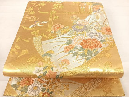 平和屋着物◎六通柄袋帯 唐織 花鳥絵巻文 金銀糸 正絹 逸品 AABD5645yx