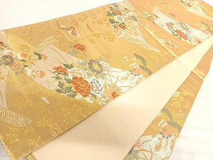平和屋着物◎六通柄袋帯 唐織 花鳥絵巻文 金銀糸 正絹 逸品 AABD5645yx
