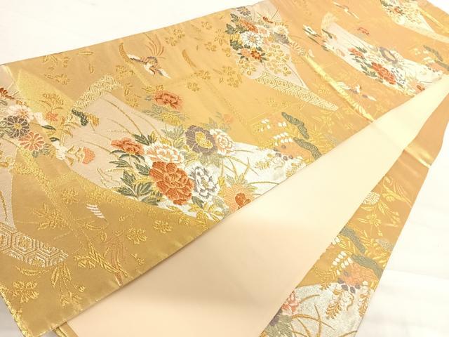 平和屋着物◎六通柄袋帯 唐織 花鳥絵巻文 金銀糸 正絹 逸品 AABD5645yx