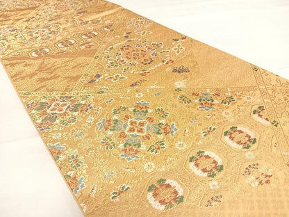 平和屋着物◎六通柄袋帯 正倉院花文 金糸 正絹 逸品 AABD5681yx