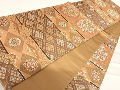平和屋着物◎六通柄袋帯 横段正倉院花文 金銀糸 正絹 逸品 AABD5682yx