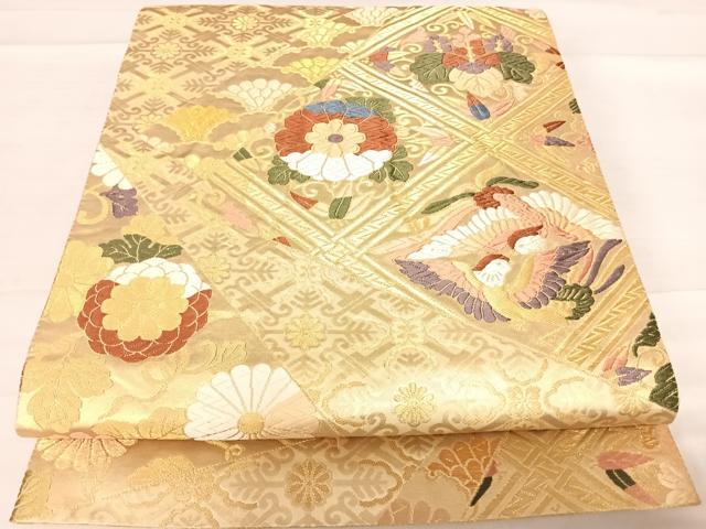 平和屋着物◎六通柄袋帯 唐織 天井花鳥文 金糸 正絹 逸品 AABD5685yx