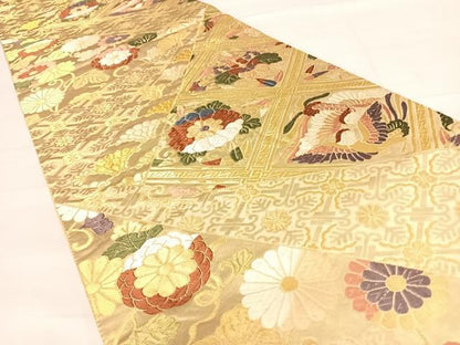 平和屋着物◎六通柄袋帯 唐織 天井花鳥文 金糸 正絹 逸品 AABD5685yx