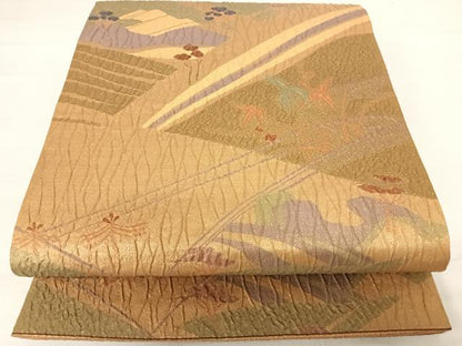 平和屋着物◎六通柄袋帯　ふくれ織　草花文　正絹　逸品　AABD5689yx