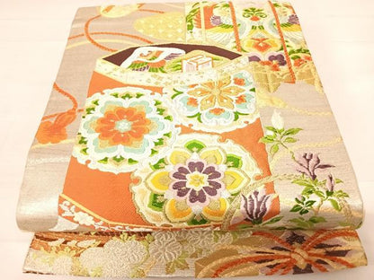平和屋着物◎六通柄袋帯　唐織　貝桶雪輪花文　金銀糸　正絹　逸品　AABD5694yx