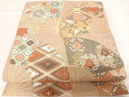 平和屋着物◎六通柄袋帯　唐織　扇面花唐草文　金糸　正絹　逸品　AABD5695yx