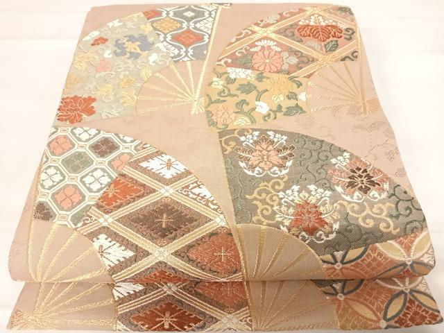 平和屋着物◎六通柄袋帯　唐織　扇面花唐草文　金糸　正絹　逸品　AABD5695yx