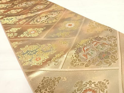 平和屋着物◎六通柄袋帯　檜垣花鳥文　金糸　正絹　逸品　AABD5696yx