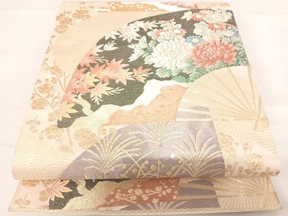平和屋着物◎六通柄袋帯　唐織　扇面花文　金糸　正絹　逸品　AABD5700yx
