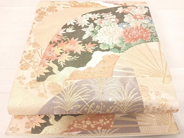 平和屋着物◎六通柄袋帯　唐織　扇面花文　金糸　正絹　逸品　AABD5700yx