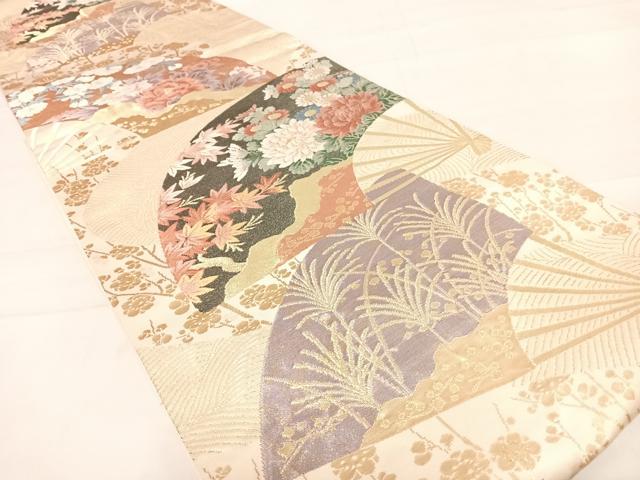 平和屋着物◎六通柄袋帯　唐織　扇面花文　金糸　正絹　逸品　AABD5700yx