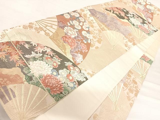 平和屋着物◎六通柄袋帯　唐織　扇面花文　金糸　正絹　逸品　AABD5700yx