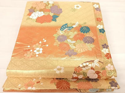 平和屋着物◎佐賀錦 六通柄袋帯 唐織 能姿趣麗花丸文 金糸 正絹 逸品 AABD5703yx