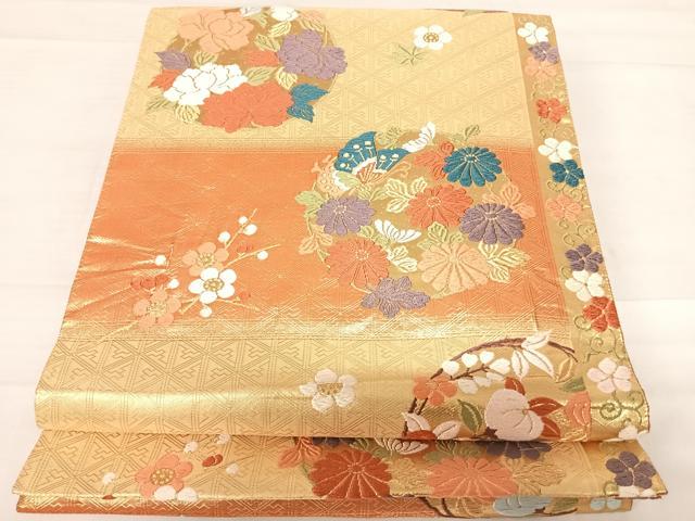 平和屋着物◎佐賀錦 六通柄袋帯 唐織 能姿趣麗花丸文 金糸 正絹 逸品 AABD5703yx