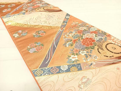 平和屋着物◎六通柄袋帯　唐織　九百錦　能衣花車文　金糸　正絹　逸品　AABD5707yx