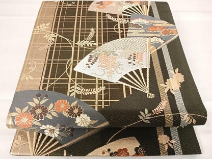 平和屋着物◎六通柄袋帯　唐織　扇花文　藤花房　金糸　正絹　逸品　AABD5716yx