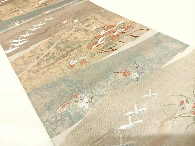 平和屋着物◎六通柄袋帯 光琳松鶴文 手織二重箔 正絹 逸品 AABD5749yx