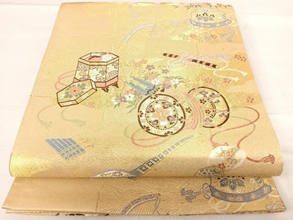 平和屋着物◎六通柄袋帯　唐織　銘明錦　金糸　正絹　逸品　AABD5753yx