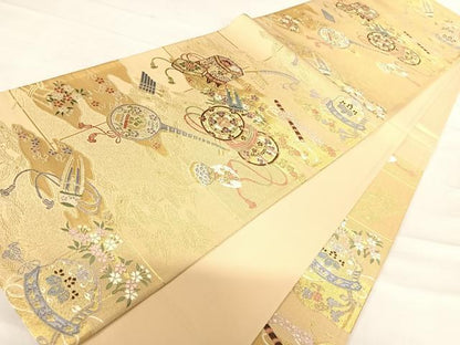 平和屋着物◎六通柄袋帯　唐織　銘明錦　金糸　正絹　逸品　AABD5753yx