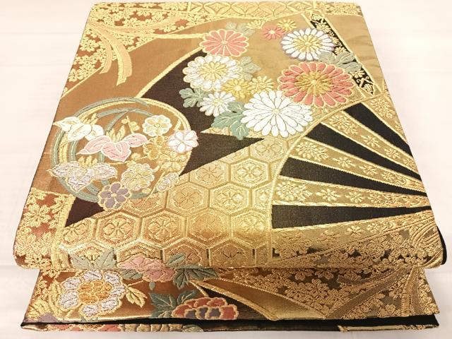 平和屋着物◎六通柄袋帯　唐織　扇面花丸文　金銀糸　正絹　逸品　AABD5763yx