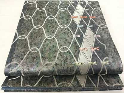 平和屋着物◎六通柄袋帯　唐織　幾何学文様　銀糸　引箔　正絹　逸品　AABD5764yx