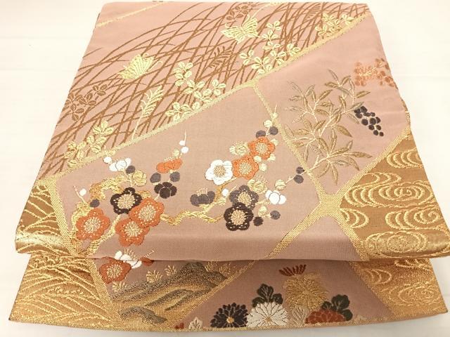 平和屋着物◎六通柄袋帯　唐織　舞蝶南天文　金糸　正絹　逸品　AABD5767yx