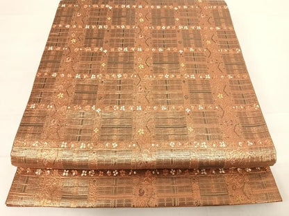 平和屋着物◎六通柄袋帯　格子花文　金糸　正絹　逸品　AABD5783yx
