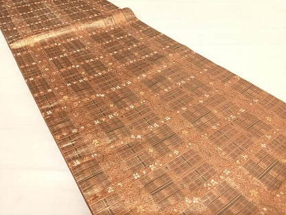 平和屋着物◎六通柄袋帯　格子花文　金糸　正絹　逸品　AABD5783yx