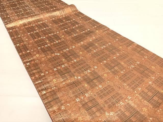 平和屋着物◎六通柄袋帯　格子花文　金糸　正絹　逸品　AABD5783yx