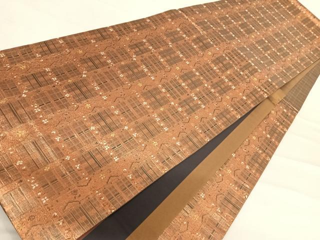 平和屋着物◎六通柄袋帯　格子花文　金糸　正絹　逸品　AABD5783yx