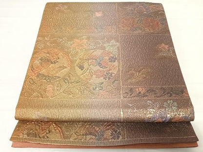平和屋着物◎全通柄袋帯　正倉院纐纈　花鳥丸文　金銀糸　正絹　逸品　AABD5787yx