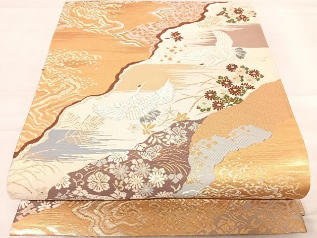 平和屋着物◎六通柄袋帯　唐織　道長飛鶴花文　金銀糸　正絹　逸品　AABD5790yx