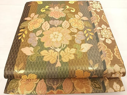 平和屋着物◎六通柄袋帯　草花文　金糸　正絹　逸品　AABD5799yx