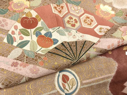 平和屋着物●京友禅の第一人者　松井青々　訪問着　駒刺繍　扇面花文　金彩　正絹　逸品　AABD5985ph