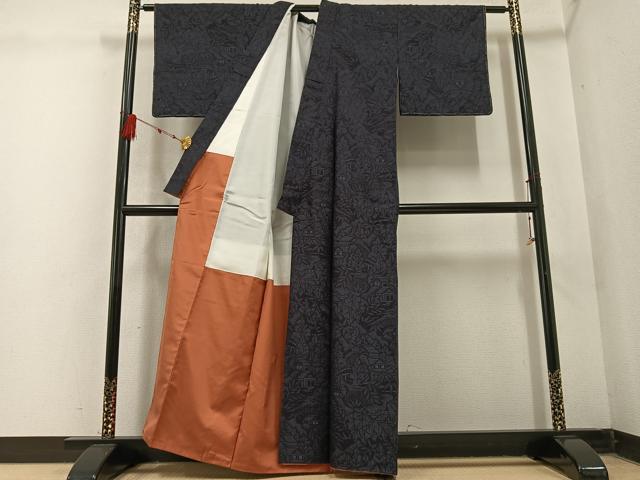 平和屋着物●結城紬 100亀甲 風景樹林文 正絹 逸品 AABD5996ph