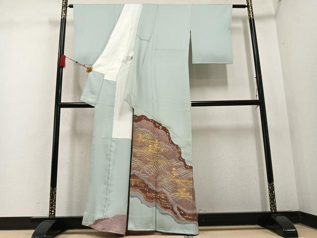 平和屋着物●京友禅の第一人者 松井青々 色留袖 駒刺繍 浜松文 金彩 正絹 逸品 AABD6025ph