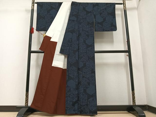 平和屋着物●結城紬　100亀甲　亀甲草花文　正絹　逸品　AABD6027ph