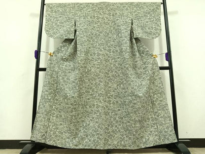 平和屋着物▽上質な小紋 単衣 紬地 型染め 草花文 正絹 逸品 AABD6044jh