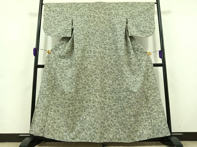 平和屋着物▽上質な小紋 単衣 紬地 型染め 草花文 正絹 逸品 AABD6044jh