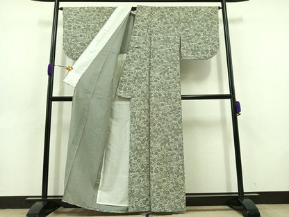 平和屋着物▽上質な小紋 単衣 紬地 型染め 草花文 正絹 逸品 AABD6044jh