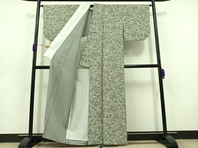 平和屋着物▽上質な小紋 単衣 紬地 型染め 草花文 正絹 逸品 AABD6044jh
