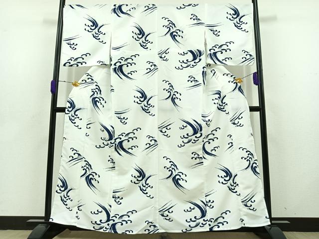 平和屋着物▽小紋 単衣 立波文 洗える着物 AABD6050jh