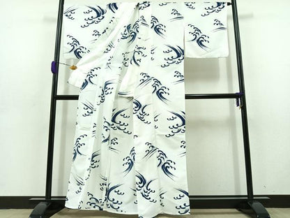 平和屋着物▽小紋 単衣 立波文 洗える着物 AABD6050jh