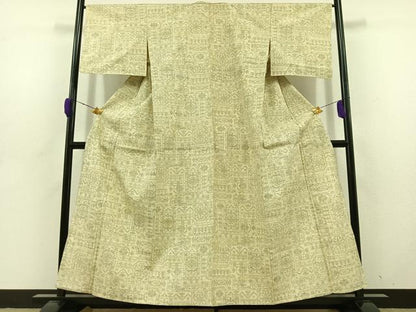 平和屋着物▽上質な紬 単衣 草花文 正絹 逸品 AABD6051jh