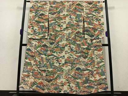 平和屋着物▽上質な小紋 単衣 型染め 風景花文 鬼しぼ縮緬 正絹 逸品 AABD6057jh