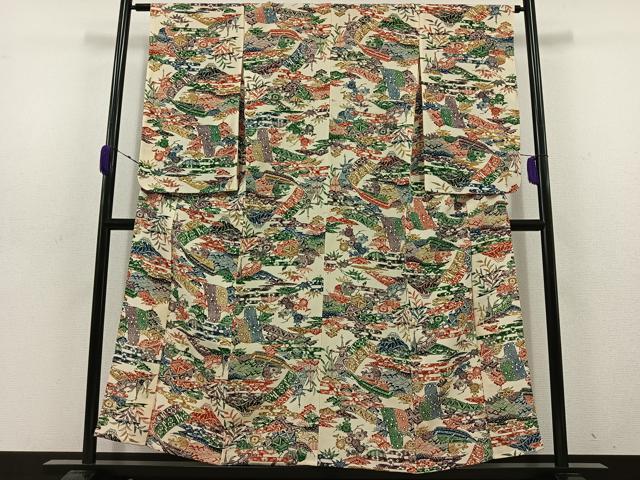 平和屋着物▽上質な小紋 単衣 型染め 風景花文 鬼しぼ縮緬 正絹 逸品 AABD6057jh