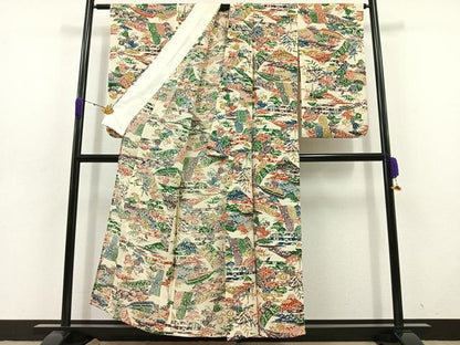 平和屋着物▽上質な小紋 単衣 型染め 風景花文 鬼しぼ縮緬 正絹 逸品 AABD6057jh