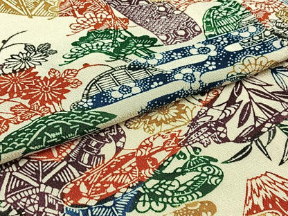 平和屋着物▽上質な小紋 単衣 型染め 風景花文 鬼しぼ縮緬 正絹 逸品 AABD6057jh